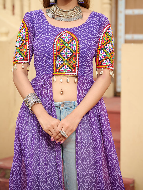 Purple Bandhani Print Kutchi Patchwork Front Open Long Kurti