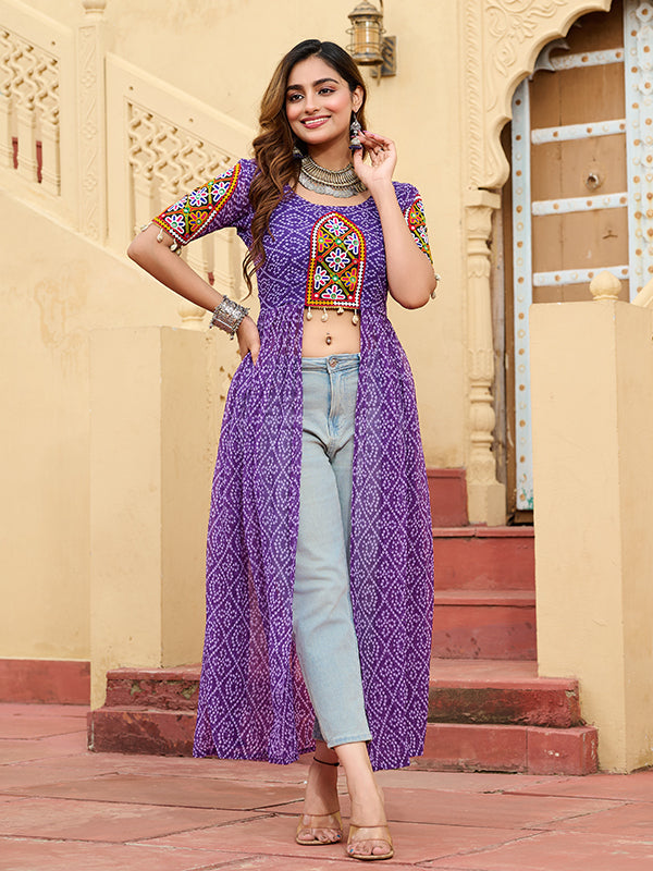 Purple Bandhani Print Kutchi Patchwork Front Open Long Kurti
