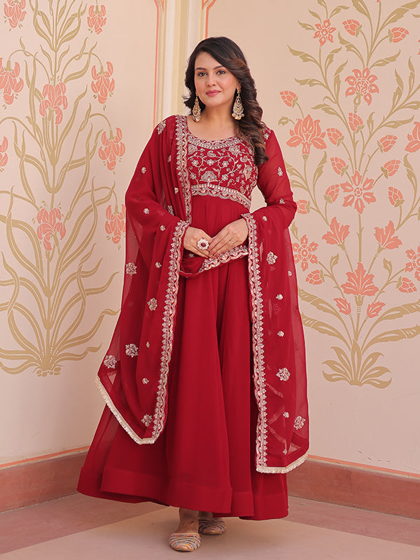 Maroon Full Sleeves Beads Embroidery Work Gown With Dupatta