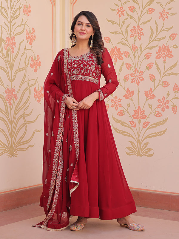 Maroon Full Sleeves Beads Embroidery Work Gown With Dupatta