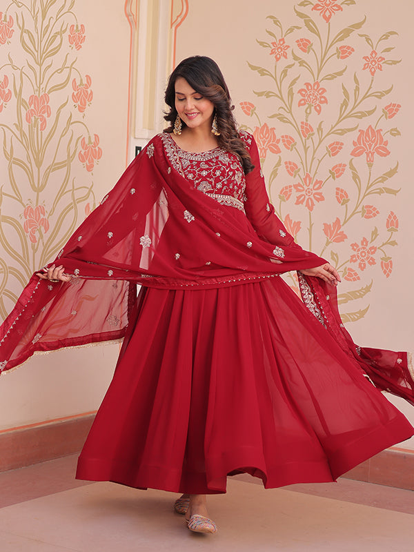 Maroon Full Sleeves Beads Embroidery Work Gown With Dupatta