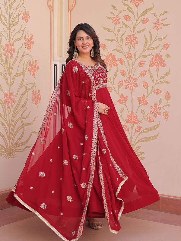 Maroon Full Sleeves Beads Embroidery Work Gown With Dupatta