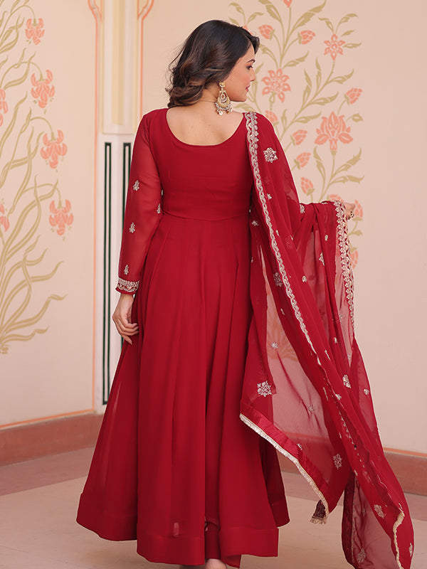 Maroon Full Sleeves Beads Embroidery Work Gown With Dupatta