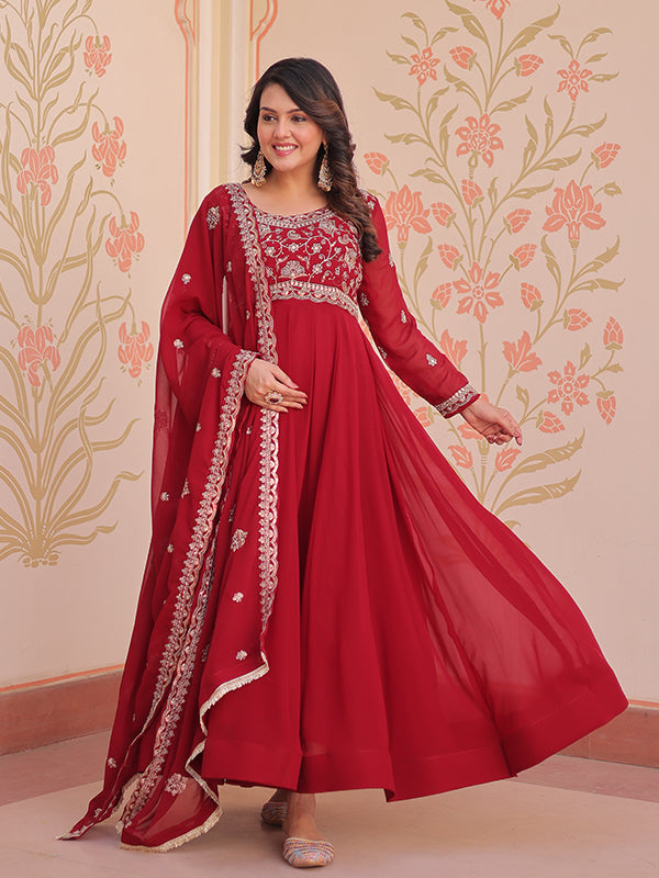 Maroon Full Sleeves Beads Embroidery Work Gown With Dupatta
