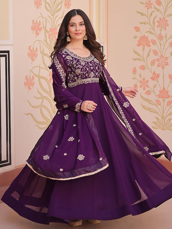 Purple Full Sleeves Beads Embroidery Work Gown With Dupatta