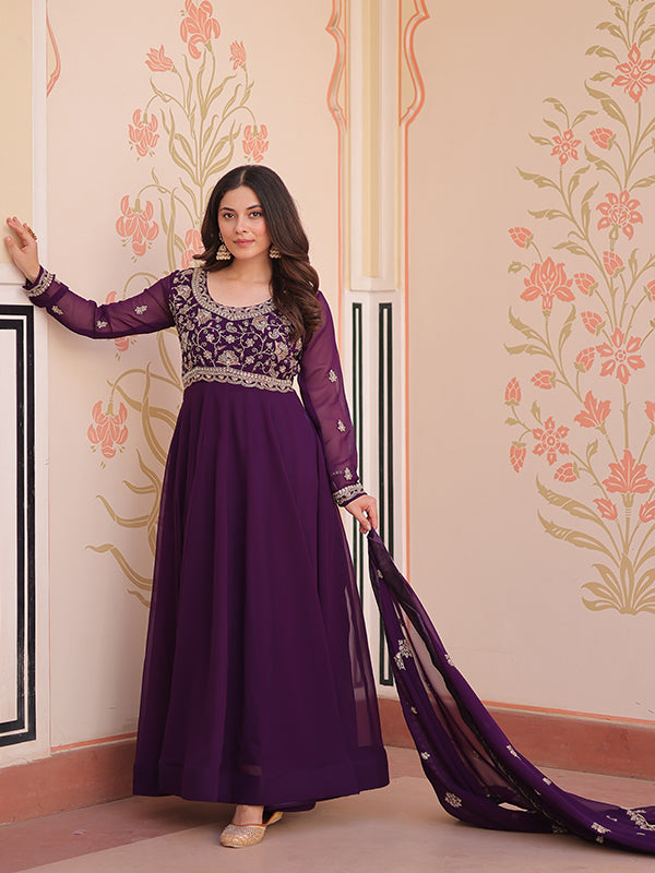 Purple Full Sleeves Beads Embroidery Work Gown With Dupatta