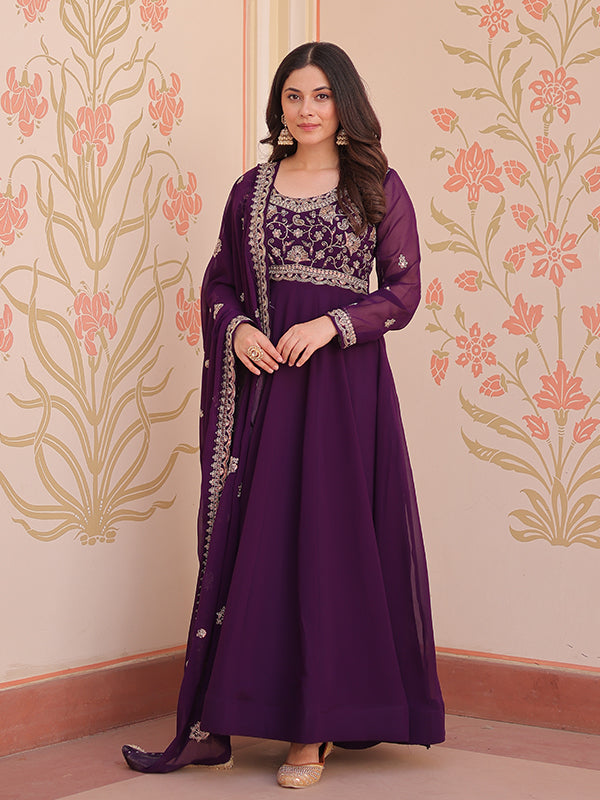 Purple Full Sleeves Beads Embroidery Work Gown With Dupatta