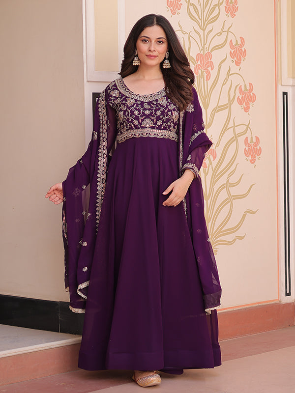 Purple Full Sleeves Beads Embroidery Work Gown With Dupatta