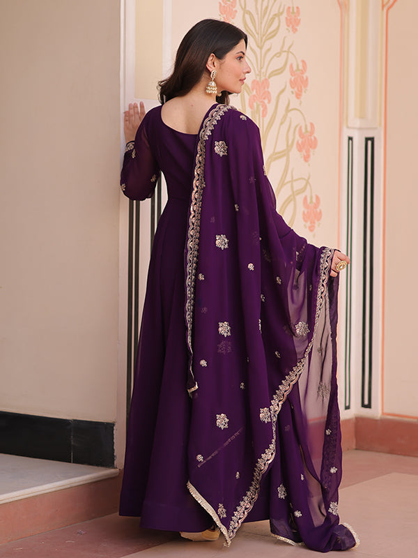 Purple Full Sleeves Beads Embroidery Work Gown With Dupatta