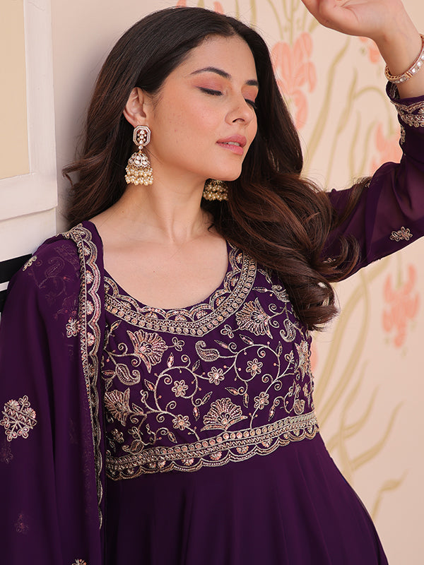 Purple Full Sleeves Beads Embroidery Work Gown With Dupatta