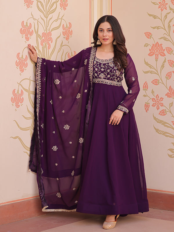 Purple Full Sleeves Beads Embroidery Work Gown With Dupatta