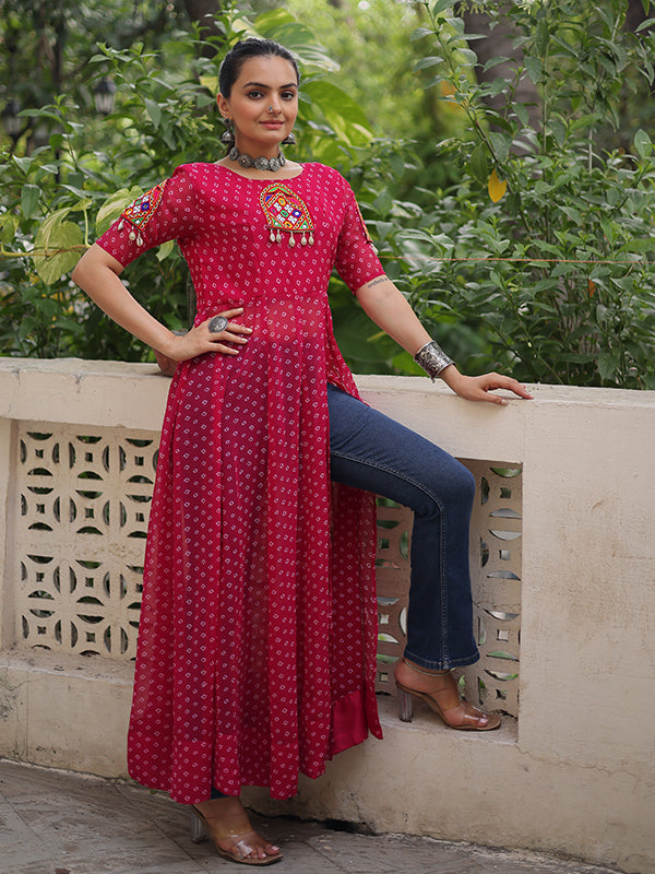 Pink Bandhani Print Kutchi Patchwork Front Open Long Georgette Kurti