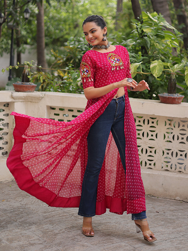 Pink Bandhani Print Kutchi Patchwork Front Open Long Georgette Kurti