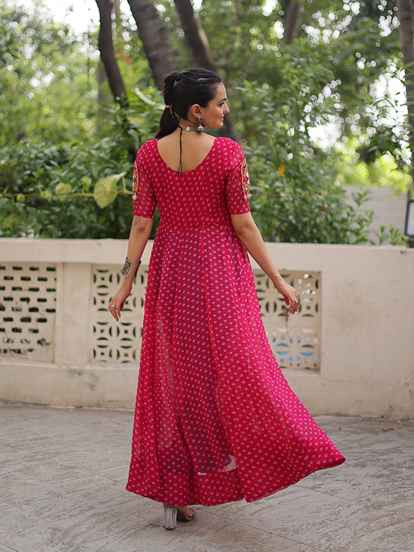 Pink Bandhani Print Kutchi Patchwork Front Open Long Georgette Kurti