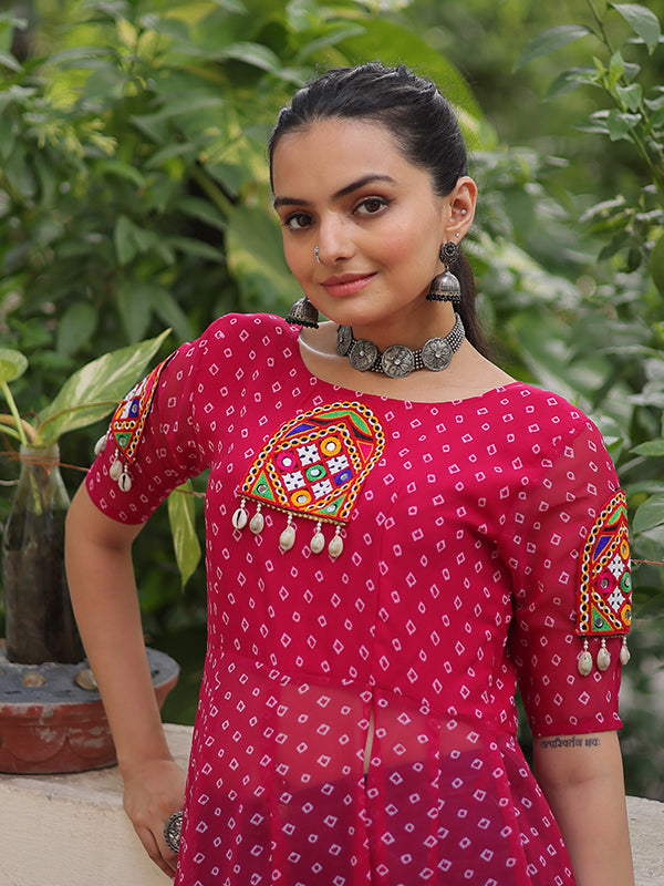 Pink Bandhani Print Kutchi Patchwork Front Open Long Georgette Kurti