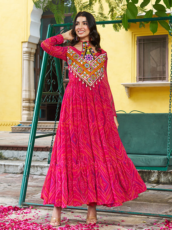 Pink Kutchi Patch Work Bandhani Printed Georgette Gown