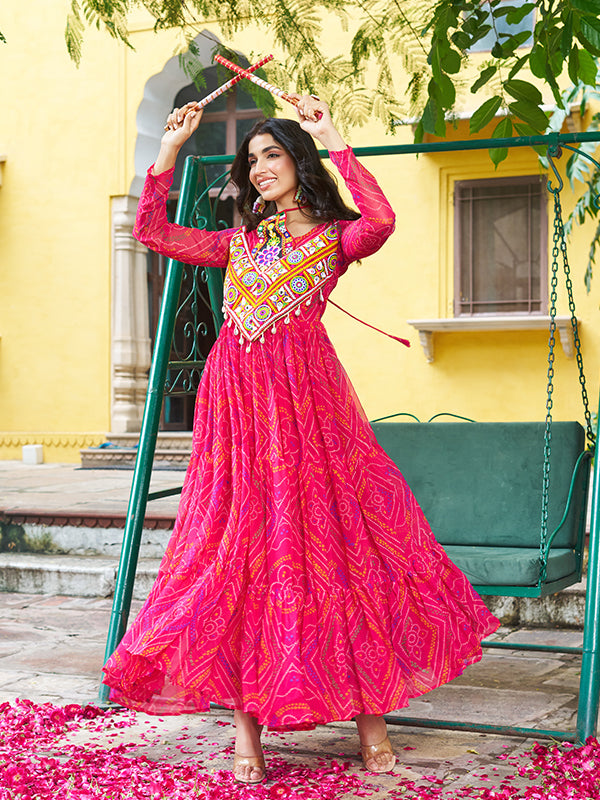 Pink Kutchi Patch Work Bandhani Printed Georgette Gown