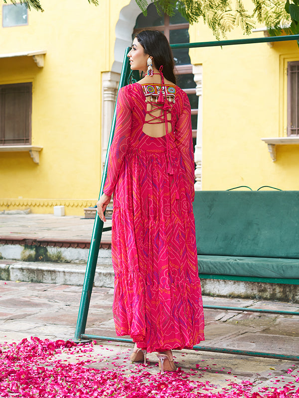 Pink Kutchi Patch Work Bandhani Printed Georgette Gown