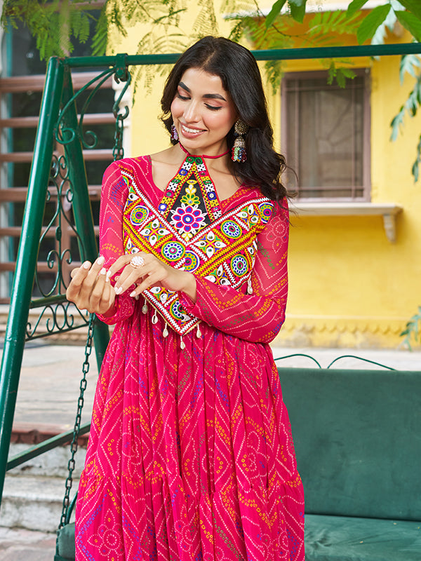 Pink Kutchi Patch Work Bandhani Printed Georgette Gown