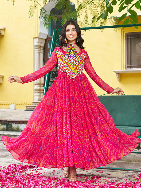 Pink Kutchi Patch Work Bandhani Printed Georgette Gown
