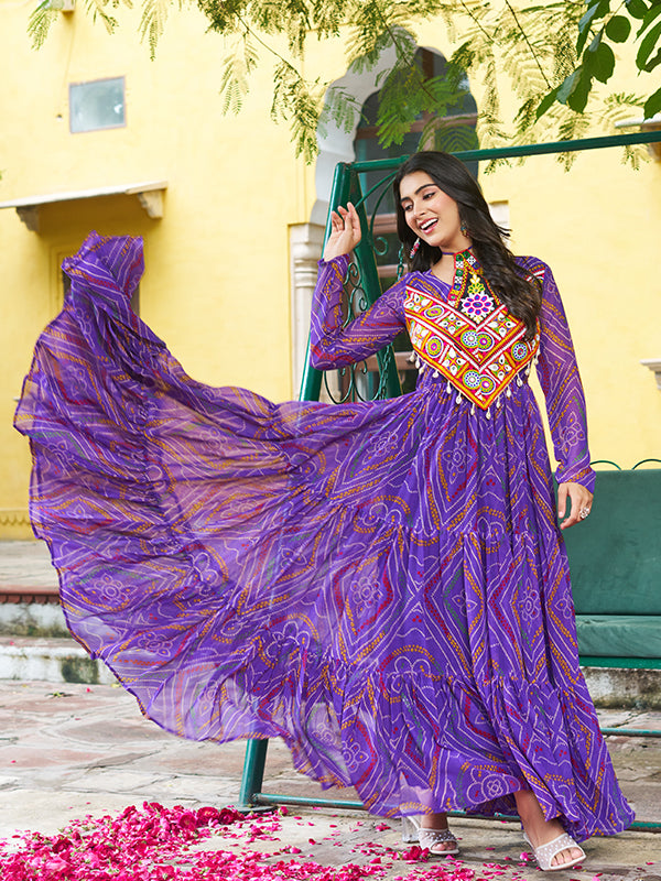 Purple Kutchi Patch Work Bandhani Printed Georgette Gown