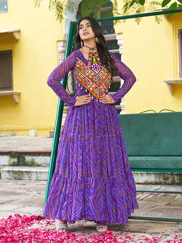 Purple Kutchi Patch Work Bandhani Printed Georgette Gown