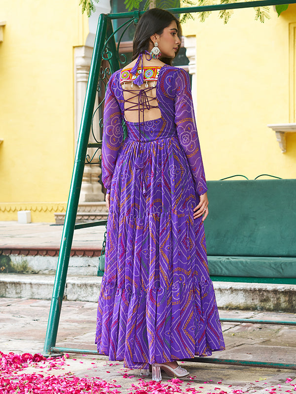 Purple Kutchi Patch Work Bandhani Printed Georgette Gown