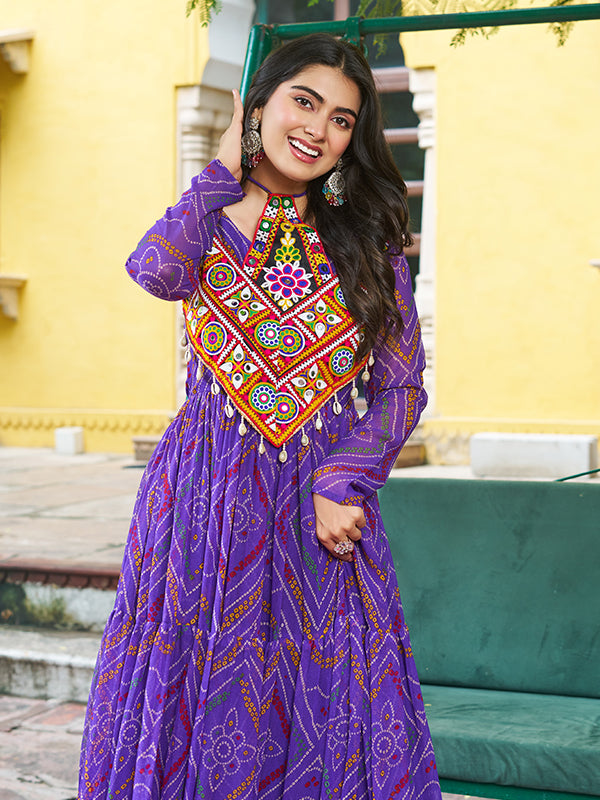 Purple Kutchi Patch Work Bandhani Printed Georgette Gown