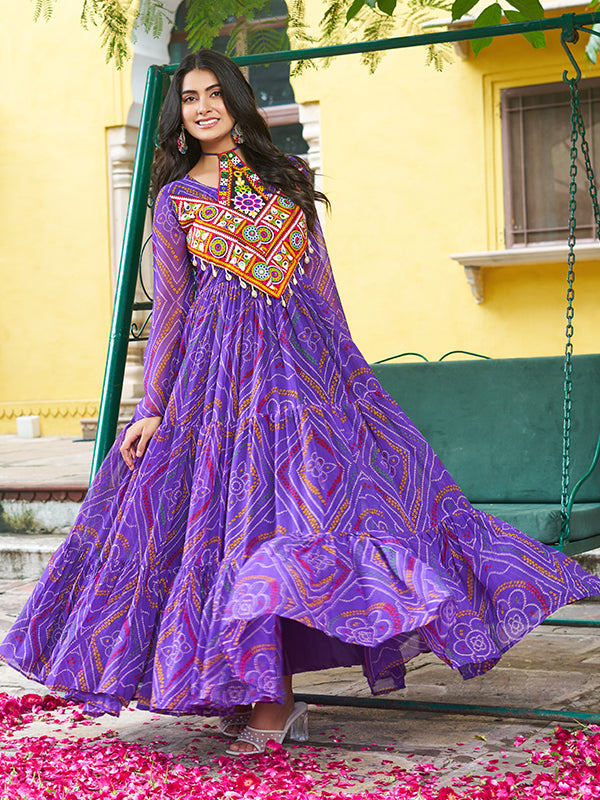 Purple Kutchi Patch Work Bandhani Printed Georgette Gown