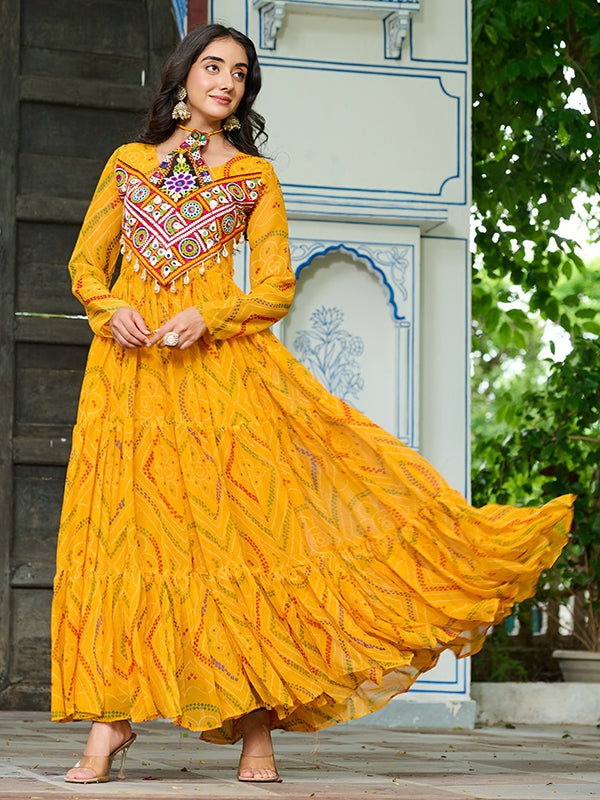 Yellow Kutchi Patch Work Bandhani Printed Georgette Gown