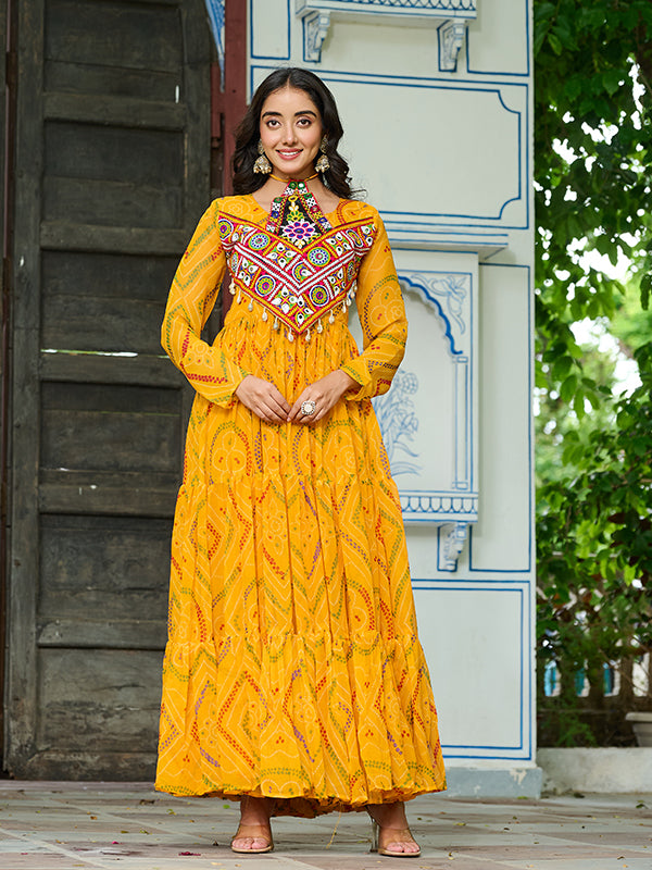 Yellow Kutchi Patch Work Bandhani Printed Georgette Gown
