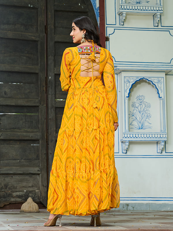 Yellow Kutchi Patch Work Bandhani Printed Georgette Gown