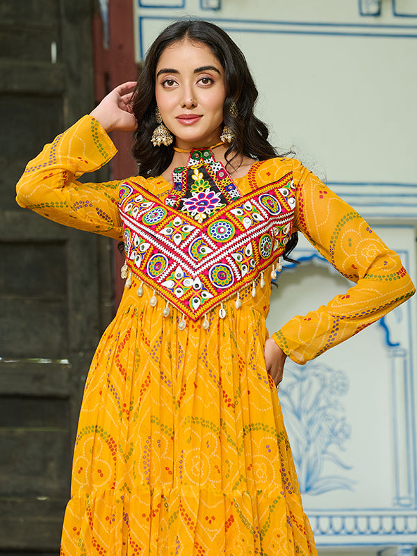 Yellow Kutchi Patch Work Bandhani Printed Georgette Gown