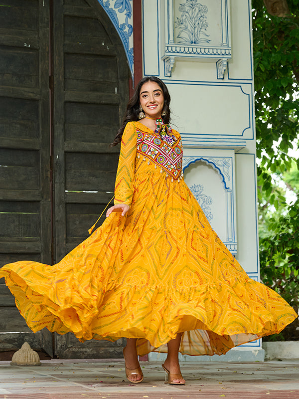 Yellow Kutchi Patch Work Bandhani Printed Georgette Gown