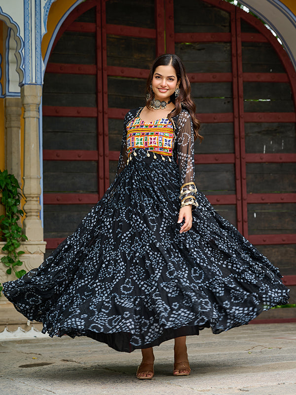 Black Bandhani Printed Kutchi Patch Work Georgette Gown