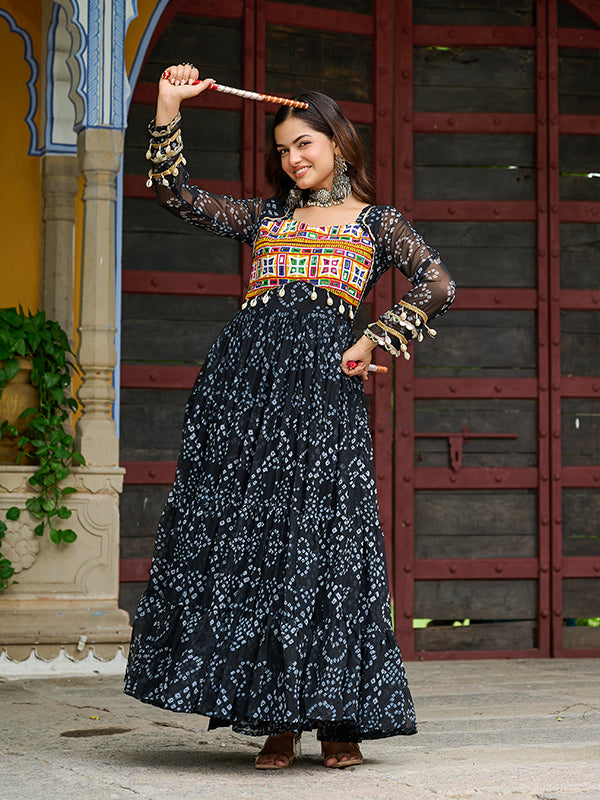 Black Bandhani Printed Kutchi Patch Work Georgette Gown
