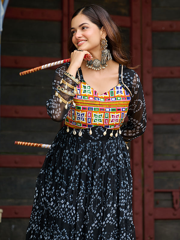 Black Bandhani Printed Kutchi Patch Work Georgette Gown