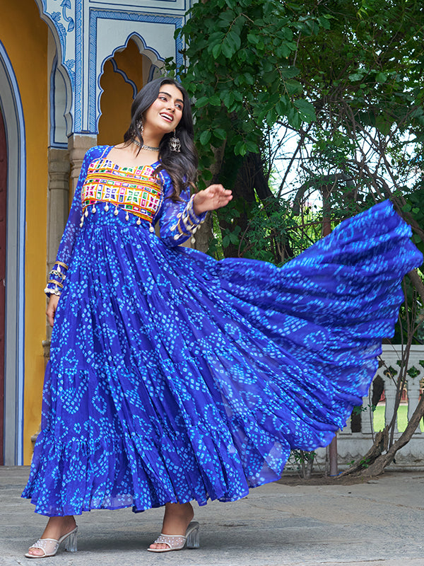 Blue Bandhani Printed Kutchi Patch Work Georgette Gown