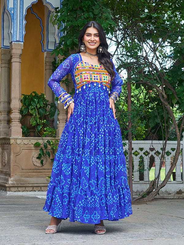 Blue Bandhani Printed Kutchi Patch Work Georgette Gown