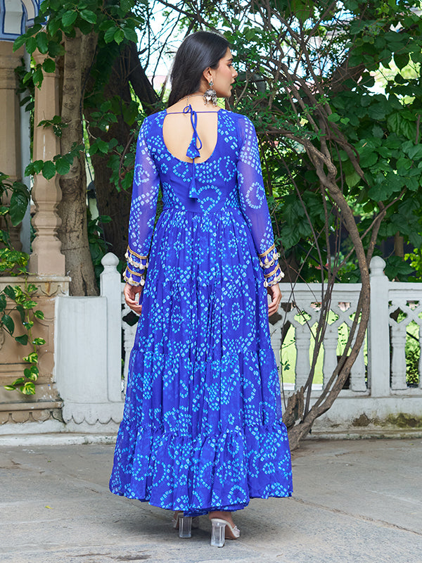 Blue Bandhani Printed Kutchi Patch Work Georgette Gown