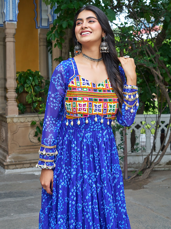 Blue Bandhani Printed Kutchi Patch Work Georgette Gown