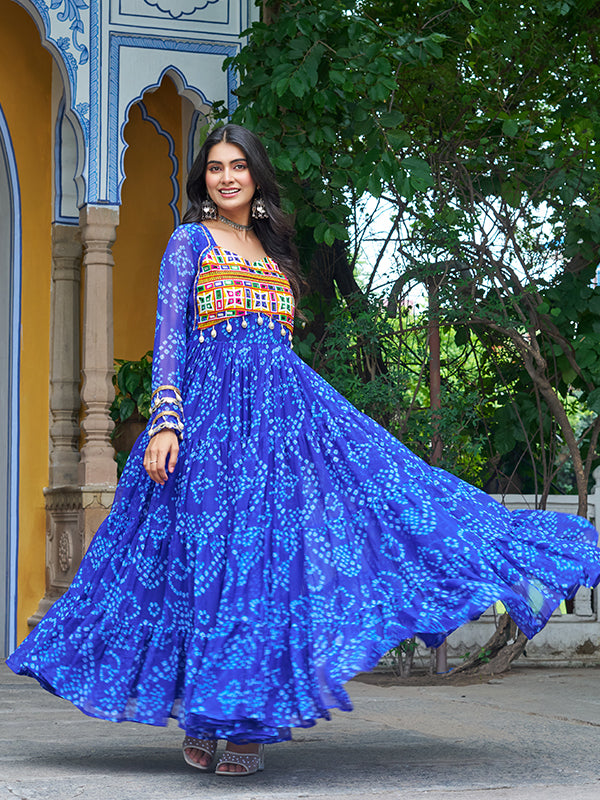 Blue Bandhani Printed Kutchi Patch Work Georgette Gown