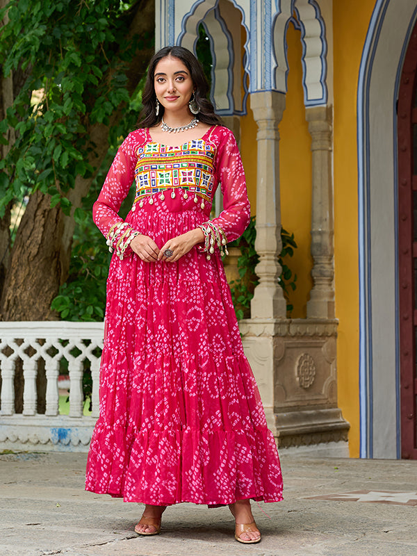 Pink Bandhani Printed Kutchi Patch Work Georgette Gown