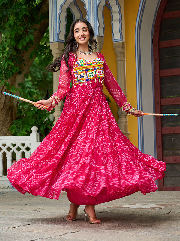 Pink Bandhani Printed Kutchi Patch Work Georgette Gown
