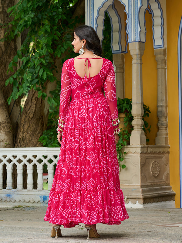 Pink Bandhani Printed Kutchi Patch Work Georgette Gown