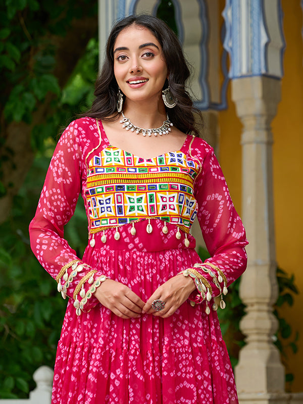 Pink Bandhani Printed Kutchi Patch Work Georgette Gown