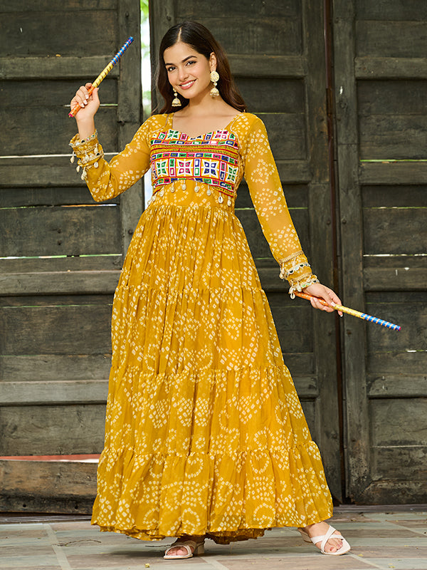 Yellow Bandhani Printed Kutchi Patch Work Georgette Gown