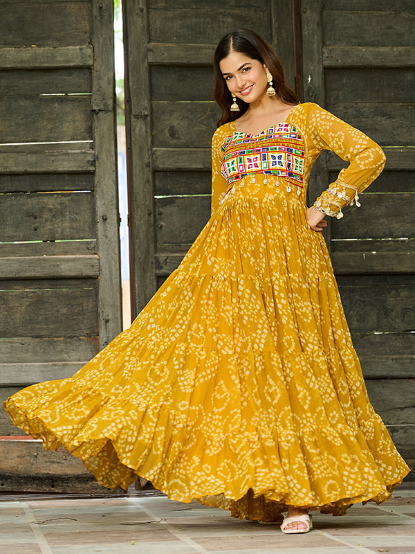 Yellow Bandhani Printed Kutchi Patch Work Georgette Gown