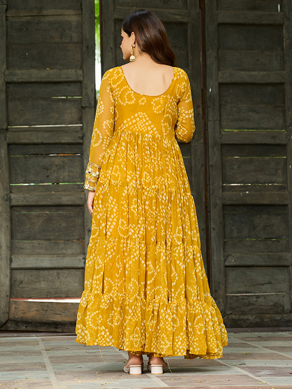 Yellow Bandhani Printed Kutchi Patch Work Georgette Gown