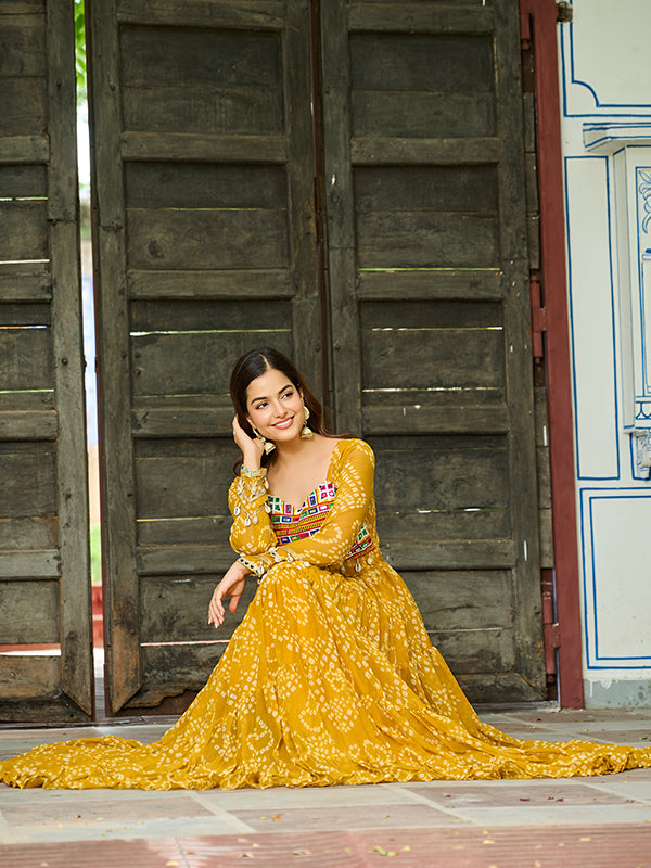 Yellow Bandhani Printed Kutchi Patch Work Georgette Gown